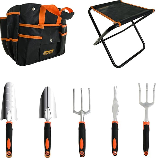 GardenHOME 7-Piece Gardening Tool Set – Stainless Steel Tools with Heavy-Duty Folding Stool and Canvas Tote Bag, Black and Orange – Practical for Men, Gardeners, and DIY Yard Work