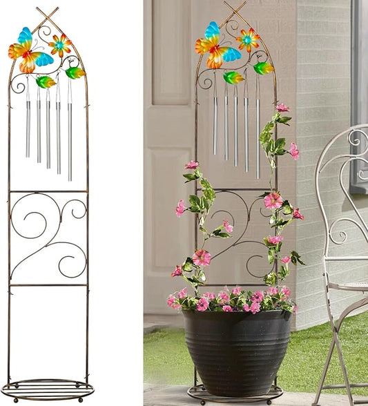 Garden Trellis with Plant Stands, 48” Metal Detachable Butterfly Plant Pot Trellis with Wind Chimes for Climbing Plants Outdoor Lawn Patio Porches Decor
