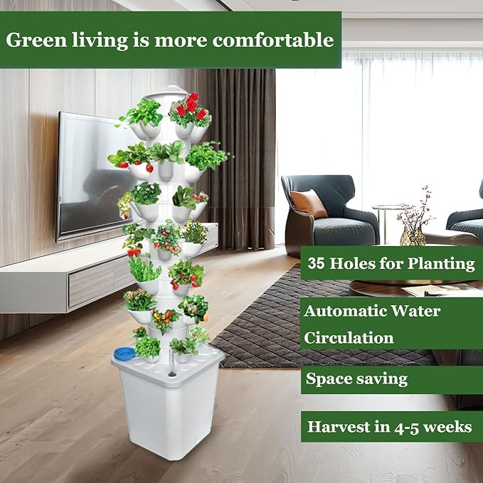 7 Layer 35 Pots Vertical Hydroponic Tower System, Hydroponic Grow Tower Kit with Water Pump & Timer Including & Smart Plug, for Vegetable Herb Fruit, Gardening Lover Plants Grow Kit Tower