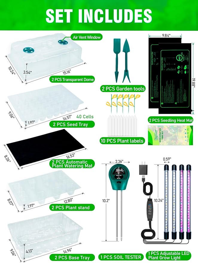 80-Cell Self-Watering Seed Starter Tray with Grow Light and Heat Mat, Plant Starter Trays Seed Starter Kit, Seed Starter Tray for Seed Starting, Plant Germination & Seedling Growing, 2 Pack