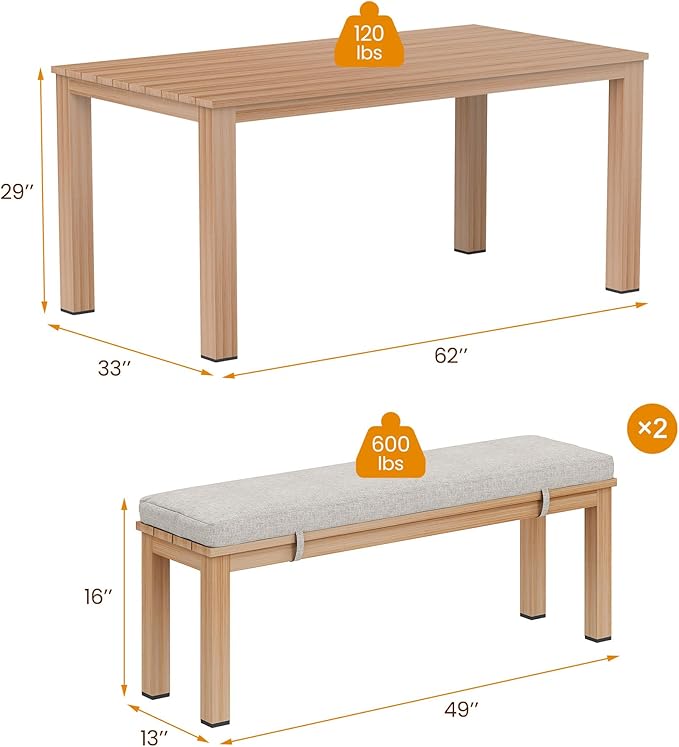 Wisteria Lane Aluminum 6 Pieces Patio Dining Sets, Outdoor Dining Table with 4 Chairs and Bench, Outdoor Patio Dining Furniture Set with Removable Cushion for Lawn, Garden, Backyard, Brown