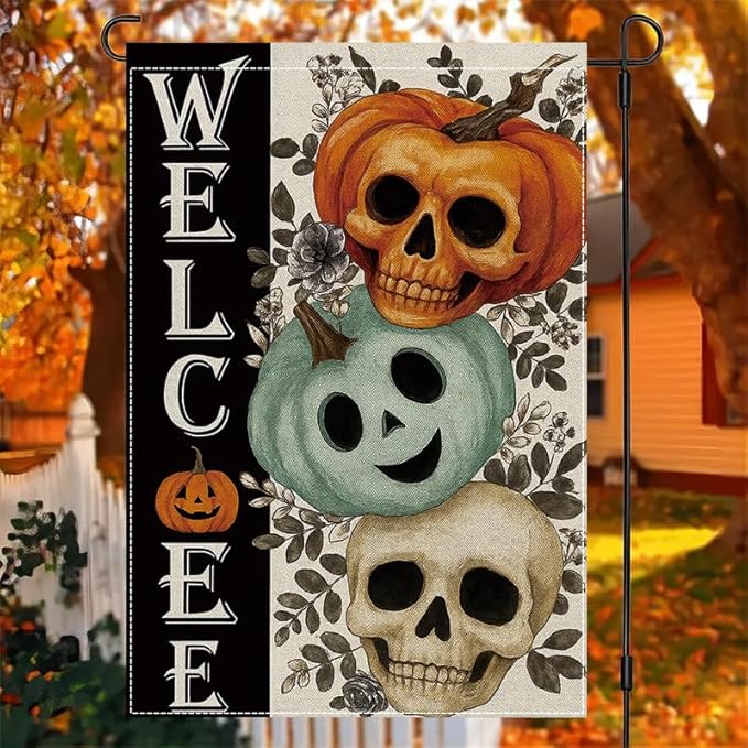 Halloween Garden Flag 12x18 Inch Double Sided, Skull Pumpkin Welcome Yard flag, Spooky Outdoor Party Decoration for Porch, Patio, Lawn, Garden, Indoor & Outdoor Halloween Décor