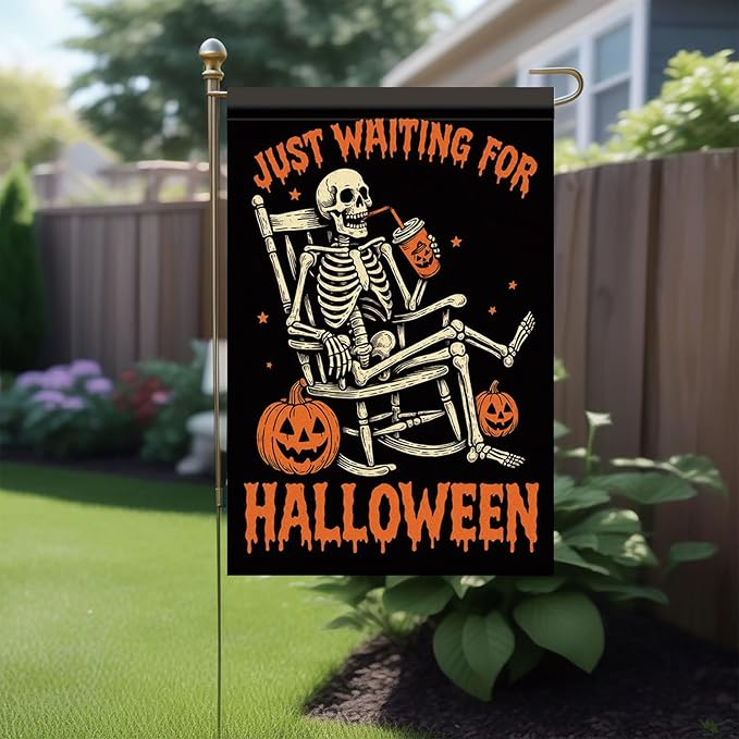 Halloween Garden Flag Skeleton Pumpkin Flag Just Waiting for Halloween 12x18 Inch Double Sided Outdoor Yard Banner for Trick or Treat Haunted House Spooky Decoration Decor