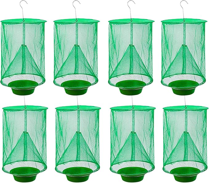 Ranch Fly Trap Outdoor Hanging Reusable with Fishing Apparatus | Food Bait Tray Catcher Cage for Indoor or Outdoor Family Farms, Park (8 Pack)