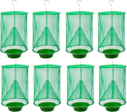 Ranch Fly Trap Outdoor Hanging Reusable with Fishing Apparatus | Food Bait Tray Catcher Cage for Indoor or Outdoor Family Farms, Park (8 Pack)