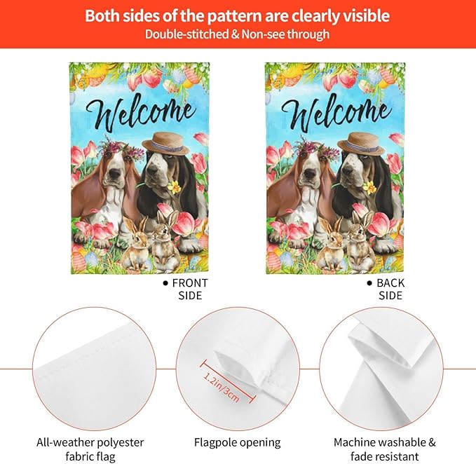 Happy Easter Basset Hound Dog Flowers Eggs Bunny Garden Flag Welcome Party Outdoor Outside Decorations Picks Home House Garden Yard Decor 12x18 Inch