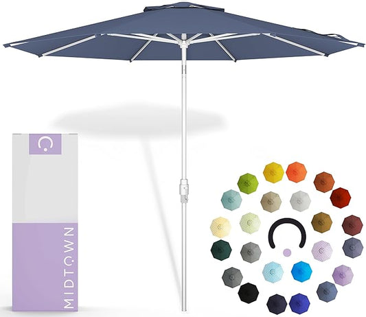 Midtown Umbrellas The Swilt 8 Feet Patio Umbrella in Terylast Light Navy Polyester Fabric - Fiberglass Ribs, Auto-Tilt Aluminum Frame For Backyard, Deck, Garden, Pool - White Pole