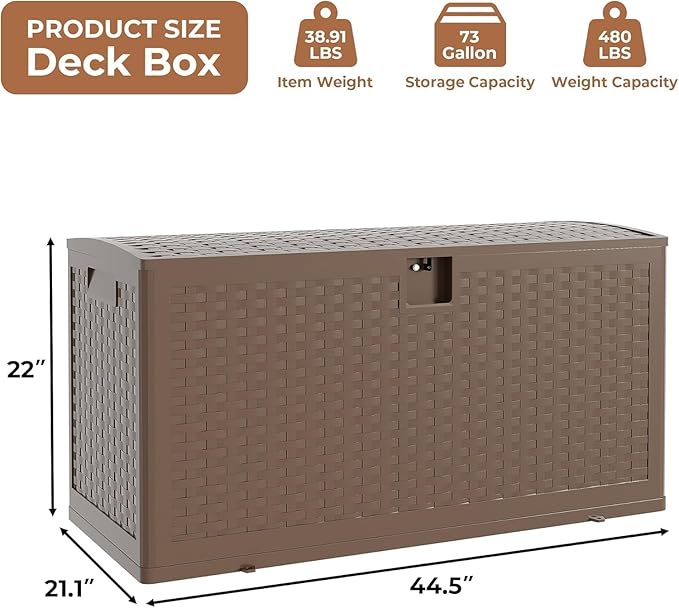 73 Gallon Outdoor Storage Box, Waterproof Deck Box, Lockable Storage Bin, Suitable for Patio Furniture, Pool Accessories, Gardening Tool, Brown Wood Grain Finish