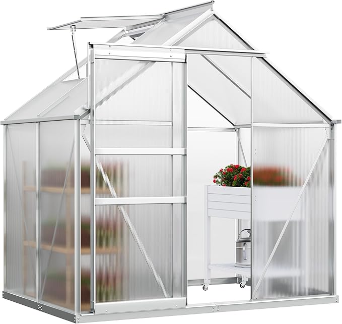 YITAHOME 10x12FT Polycarbonate Greenhouse for Outdoors, Large Heavy Duty Aluminum Greenhouses with Sliding Doors and Vent Window, Walk-in Greenhouse for Garden Backyard, Simple Setup, Silver