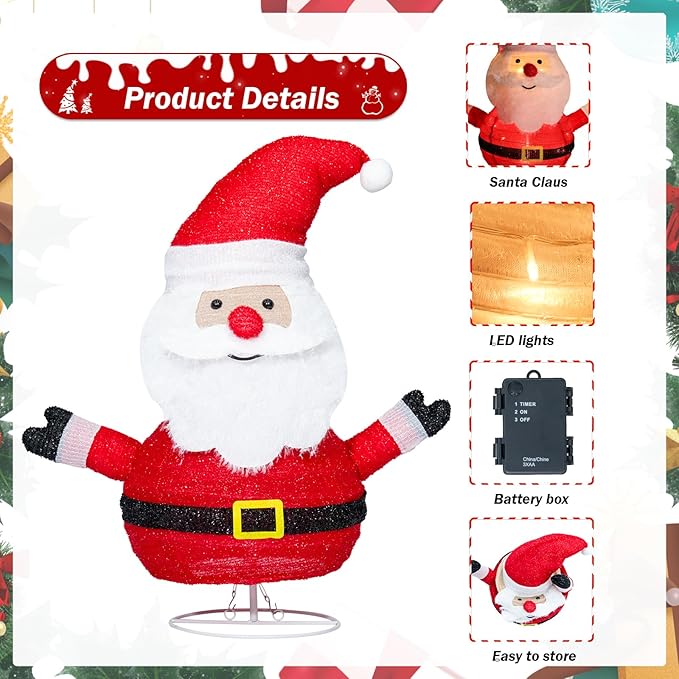 Collapsible Lights Christmas Santa Claus Lighted with LED Warm White Lights Christmas Outdoor Light Decor for Yard Lawn Porch Garden Living Room Bedroom Indoor Outdoor