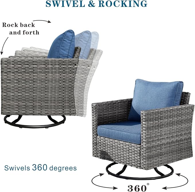 HOOOWOOO 10 Piece Patio Sectional Furniture Set with Swivel Rocking Chairs,Modern Wicker Outdoor Conversation Sofa Sets,Weather Resistant Modular L Shaped Outside Couch Set(Denime Blue)