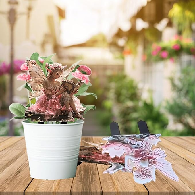 Fairy Garden Stake Decor, 2D Flat Acrylic Fairy Garden Decor Panel, Elf Yard Sign for Outdoor Indoor Yard Lawn Plants Pots, Fairy Backyard Accessories (Pink Fairy Reading a Book)