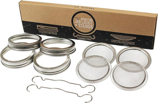 | Stainless Steel Sprouting Kit, 4 Pack with Sprouting Stands | Rust Proof 316 Stainless, Curved Mesh, Fits Most Wide Mouth Mason Jars | Grow Your Own Organic Sprouts from Seeds
