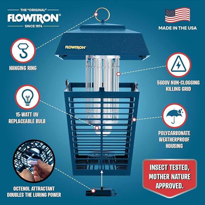 Flowtron Electric Bug Zapper 1/2 Acre Outdoor Insect Control with Dual Lure Method, 15W UV Light & Octenol Attractant for Fly & Mosquito, 5600V Kill Grid, Made in USA, UL Certified - Blue Color