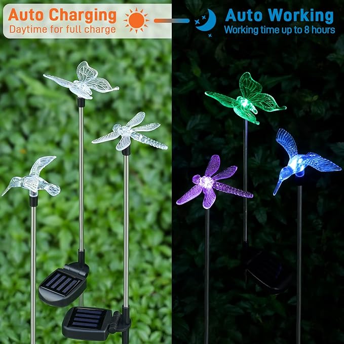 Solar Pathway Lights - 3 Pack Solar Stake Lights Outdoor, Color Changing Solar Powered Halloween Decorative Landscape Lighting Hummingbird Butterfly Dragonfly for Patio Yard Pathway Lawn Walkway