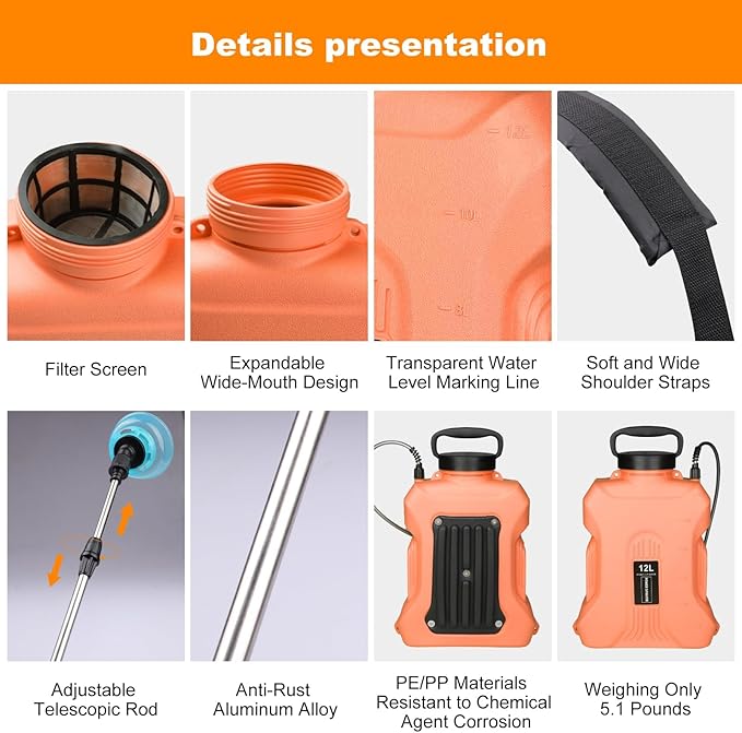 Battery Powered Sprayer 2.1 Gallon, Backpack Sprayer with Retractable Wand & 3 Mist Nozzles & USB Rechargeable Handle, Water Spray Pump Sprayers for Planting Lawn Yard Garden (Orange, 3.2 Gallon)