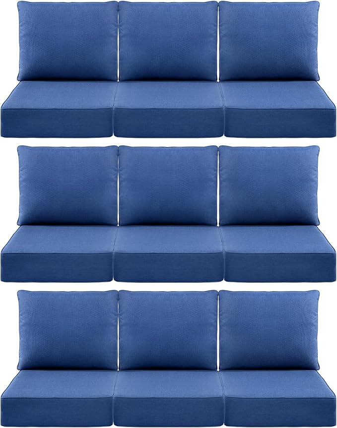Luxury 6" Outdoor Cushions for Patio Furniture, 24x24x6 Thick Seat Cushion Set of 9, Fade Resistant Couch Chair Replacement Cushions High Density Deep Wicker Chair Cushion w/Removable Cover, Blue