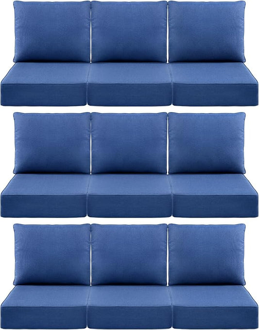 Luxury 6" Outdoor Cushions for Patio Furniture, 24x24x6 Thick Seat Cushion Set of 9, Fade Resistant Couch Chair Replacement Cushions High Density Deep Wicker Chair Cushion w/Removable Cover, Blue