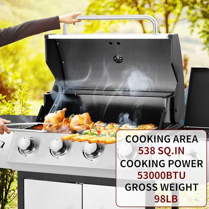 4-Burner Propane Gas BBQ Grill with Side Burner, 53,000 BTU Output with Enameled Cast Iron Grates for Patio Garden Barbecue, Stainless Steel