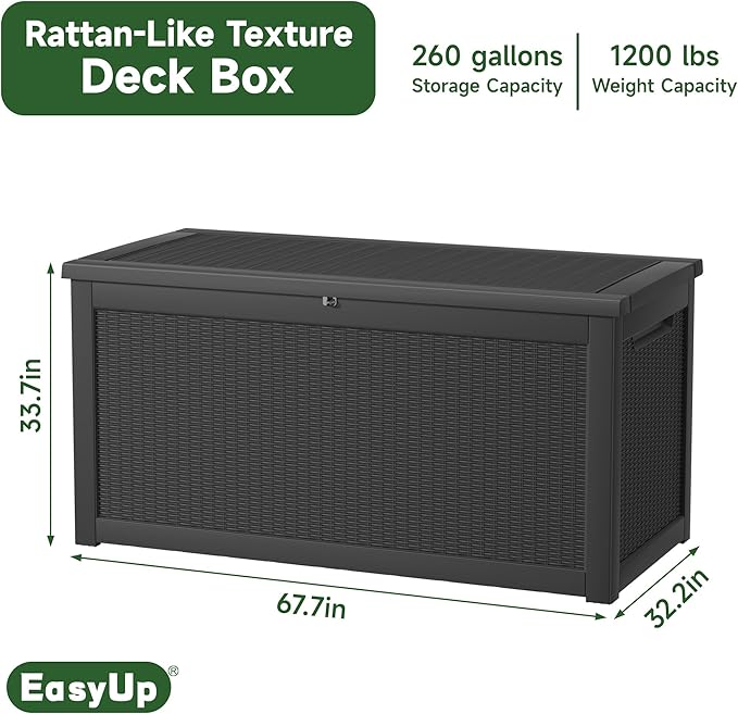 260 Gallon Outdoor Storage Box Waterproof, UV Resistant Resin Deck Box with Hydraulic Rod, Reinforced Stability for Patio, Garden, Rattan Black