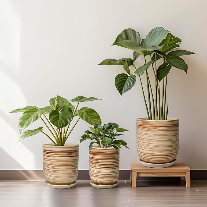 12 Inch Pots for Plants - Ceramic Planters for Indoor Plants, Large Planter Pot for Home Garden Patio Office with Drainage Hole Cylinder Flower Pot Yellow