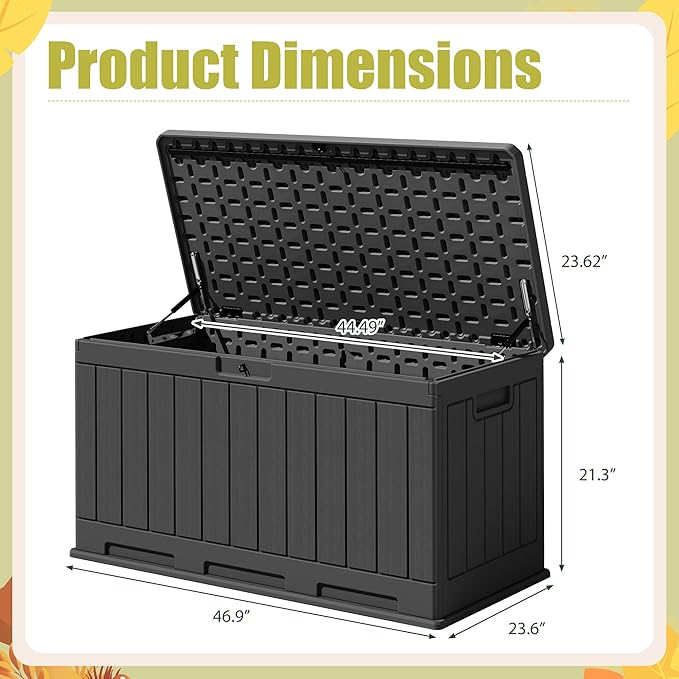 Devoko 90 Gallon Double-Wall Deck Box, Side Handles, HDPE Outdoor Large Storage Box Waterproof and Lockable for Patio Furniture, Garden, Pool (Black, 90 Gallon)