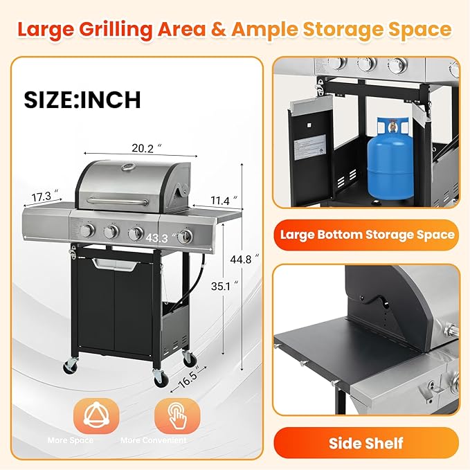 3-Burner Propane Gas BBQ Grill with Side Burner, Porcelain-Enameled Cast Iron Grates and Side Tables, 40,500 BTU Stainless Steel Grill for Outdoor Camping Barbecue Grilling Backyard Cooking