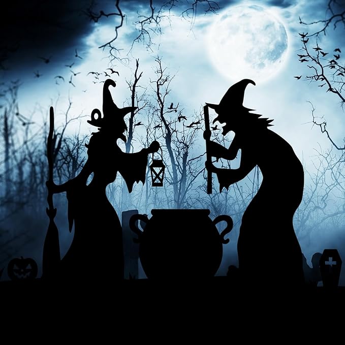 Halloween Witch Silhouette Decorations Outdoor, 5FT Large Halloween Witch Cutout, Black Cat and Cauldron Set, Scary Yard Decor for Lawn, Home, Party, Waterproof and Durable