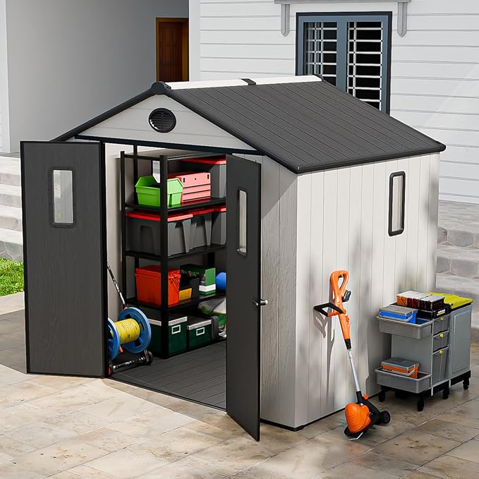 8x8 Resin Outdoor Storage Shed with Floor, Plastic Tool Shed for Gardening, Patio, and Deck, White/Gray