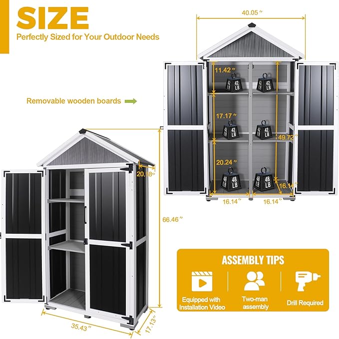Outdoor Storage shed Small Storage shed with Floor Wooden Frame Lockable Metal Door Adjustable Shelves Cabinets Waterproof Large Capacity Storage Tool Cabinet Box for Backyard Garden Patio Lawn