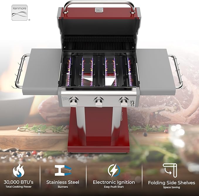 Kenmore 3-Burner Outdoor BBQ Grill | Liquid Propane Barbecue Gas Grill with Folding Sides, PG-A4030400LD-RD, Pedestal Grill with Wheels, 30000 BTU, Red