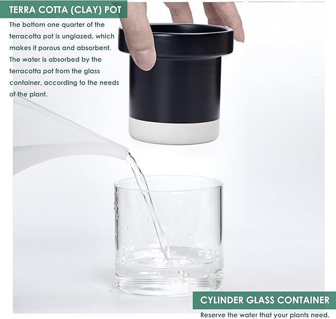 Phoenix Vine 4 Inch Self Watering Planter Pot, Black Terracotta Clay Pot with Glass Reservoir for Indoor Plants, Herbs, Flowers, Set of 3, 52-C-E-3