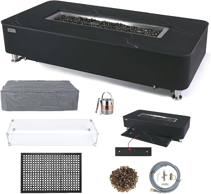 Elementi+ | Bundle Valencia Gas Fire Pit | Concrete Body & Marble Porcelain Top | 62" Rectangular Fire Table | Electronic Ignition | Canvas Cover, Fire Glass, Burner Lid & More | Black | Natural Gas