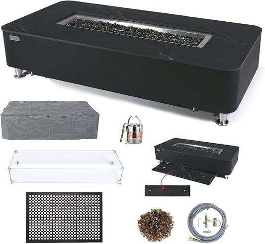 Elementi+ | Bundle Valencia Gas Fire Pit | Concrete Body & Marble Porcelain Top | 62" Rectangular Fire Table | Electronic Ignition | Canvas Cover, Fire Glass, Burner Lid & More | Black | Natural Gas