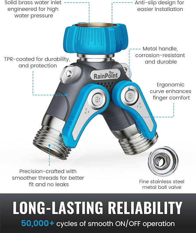 RAINPOINT Garden Hose Splitter, 2 Way Heavy Duty Water Hose Y Spigot Splitter with Shutoff Valves, 100% Metal Body Outdoor Faucet Splitter, 1.9" Extra Long Metal Handle, 3/4" GHT Thread (1, Blue)