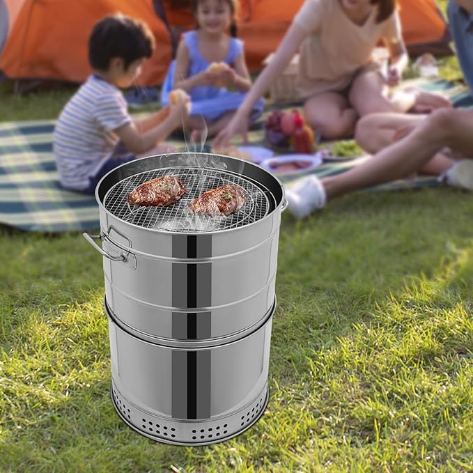 Large Portable Smokeless Charcoal Grill - 360° Stainless Steel BBQ Barrel with 50 Skewers, Ideal for Camping, Picnics & Backyard Cooking