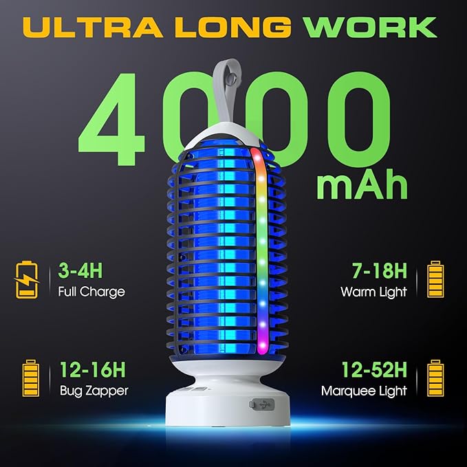 Bug Zapper Outdoor Indoor, 2 Pack Cordless Mosquito Zapper with LED Lights and Marquee Lights, Rechargeable Fly Zapper Outdoor Waterproof for Camping, Patio, Backyard, Garden, Home