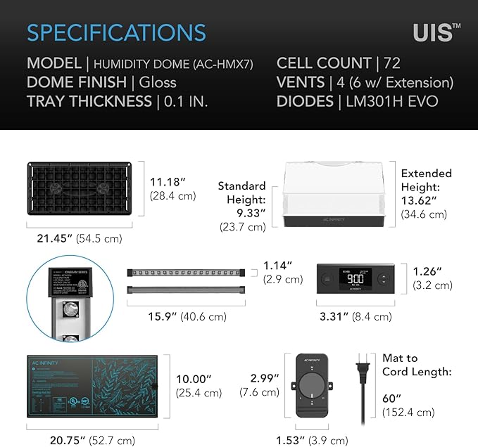 AC Infinity Heavy-Duty Large Humidity Dome 6x12 Germination Kit with Waterproof Seedling Mat, Full Spectrum LED Grow Light Bars, Samsung LM301H EVO Diodes, Vented Extension Panels, for Seed Starting