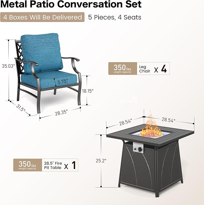 5 Piece Metal Outdoor Patio Furniture Set with Fire Pit Table, Patio Conversation Sets 4 Fixed Chairs with 5.75" Thick Cushion and 5000 BTU Fire Pit Table, Backyard Furniture, Blue-2