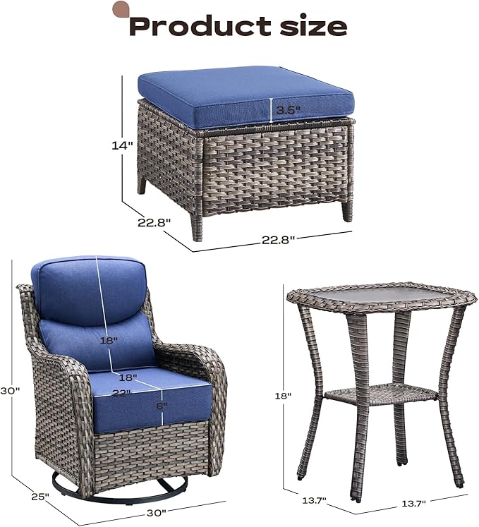 Wicker Outdoor Patio Furniture Set - 5 Piece Patio Conversation Sets with Swivel Rocker Chairs, Ottomans and Side Table, 6 inch Cushions, Waterproof Wicker, for Porch Deck Mixed Grey/Blue