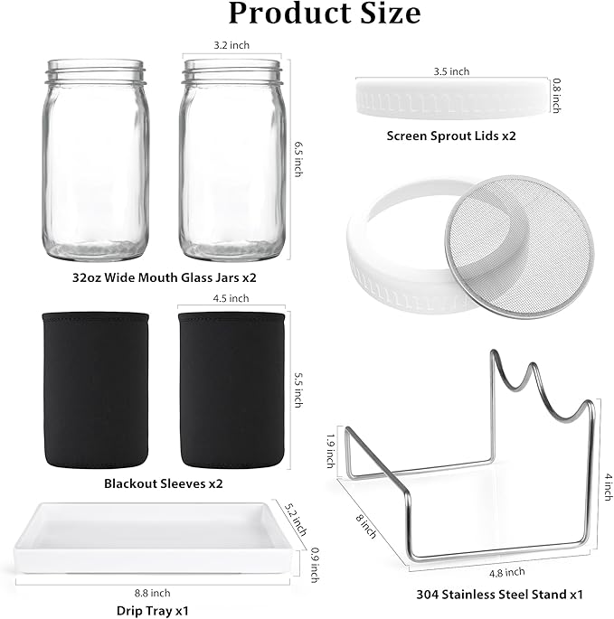 Organic Seed Sprouting Jar Kit – 2 × 32 oz Wide-Mouth Mason Jars with Stainless-Steel Sprouter Lids & Stand, Blackout Sleeves, Drain Tray – Grow Broccoli, Alfalfa & Bean Microgreens