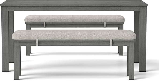 Aluminum Patio Dining Sets, 3 Pieces Patio Table Set, Outdoor Dining Table with 2 Bench, Outdoor Patio Dining Furniture Set with Removable Cushion for Lawn, Garden, Backyard, Grey