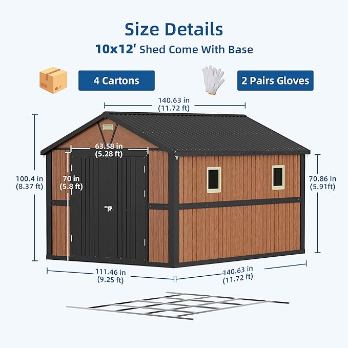 10x12 FT Outdoor Storage Shed, Metal Garden Shed with Floor, Lockable Doors and Windows, Large Tool Shed for Backyard, Patio and Lawn