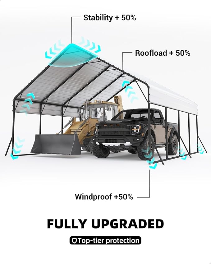 20x20x12.8 FT Metal Carport with Reinforced Frame, Galvanized Steel Roof & Enhanced Base Heavy Duty Car Ports for All-Weather Car Garage Shelter for Car, Truck, Pickup, SUV, Tractor, and Boat