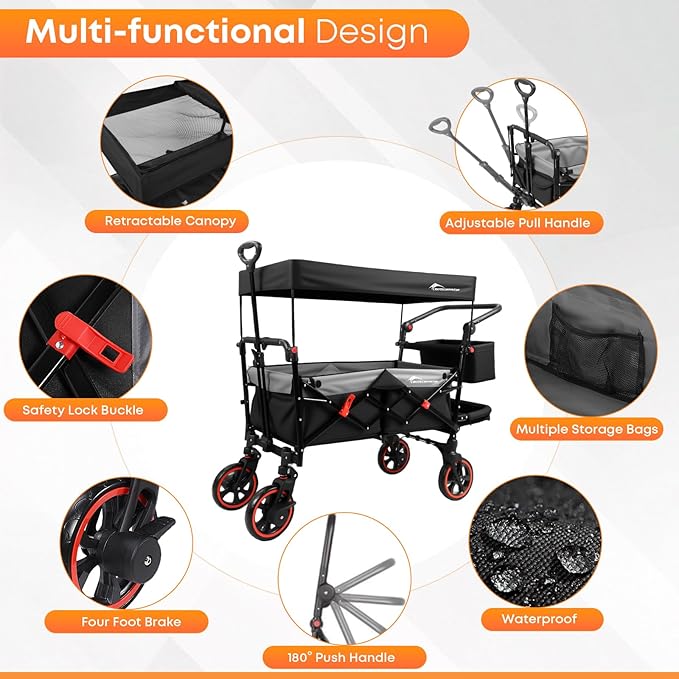 Collapsible Canopy Wagon,Large Capacity Trolley, Foldable Portable cart with Canopy, Adjustable Push/Pull Handle, Shock-Absorbing Wheels, Suitable for Shopping,Traveling-B