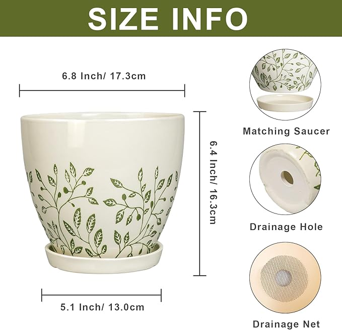 6.8 Inch Plant Pot - Ceramic Pot for Indoor Outdoor Plants, Boho Decorative Round Ceramic Planter with Drainage Hole and Saucer, Housewarming Gifts, Office Garden Home Decor, White