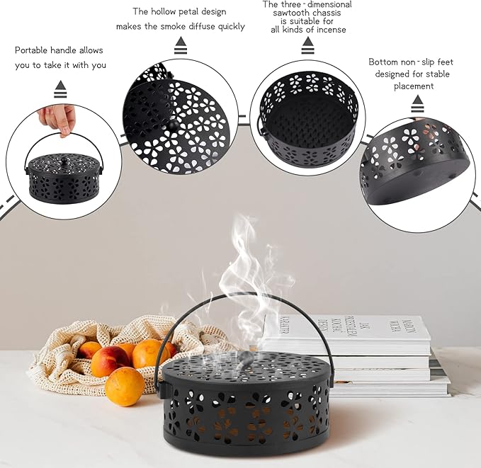 Portable Iron Mosquito Coil Holder with Handle Round Heat-Resistant Incense Holder for Home Office Camping (2Pack Black)