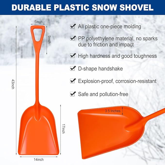 Frienda 3 Pieces Plastic Snow Shovel 43 x 14 Inches Heavy Duty Hygienic Shovel with D Shaped Grip Handle Large Durable Seamless Snow Scoop for Kitchen Gardening(Orange)