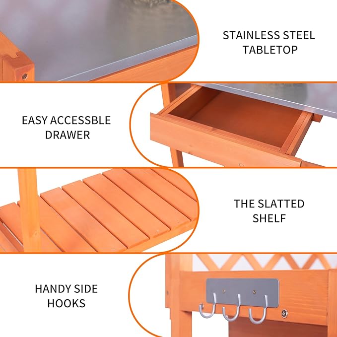 Outdoor Potting Bench & Wooden Gardening Work Station Planting Table with Metal Tabletop, Drawer, Storage, and Hooks