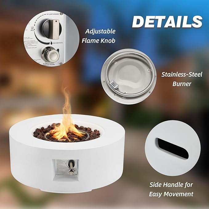 ECOTOUGE Round Gas Fire Pit, 30 Inch Outdoor Propane Firepit Table, Steel Fire Table w/50,000 BTU Auto-Ignition, Weather-Resistant Pit Cover, Lava Rocks, No Tank Holder, White